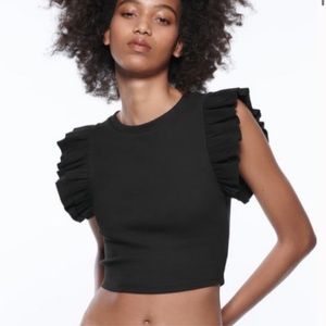 Zara Ruffled Sleeve Black Knit Top, Size S